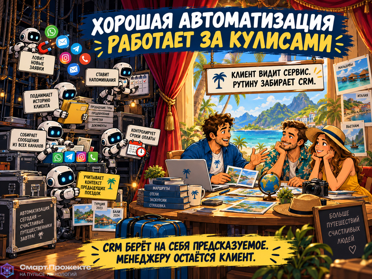 Хорошая автоматизация работает за кулисами: клиент видит сервис, а рутину забирает CRM.